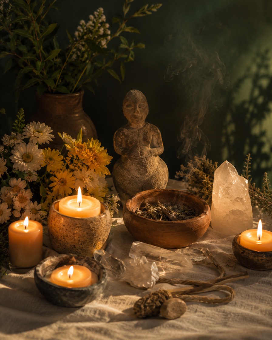 Altar ceremonial con velas, flores y cristales