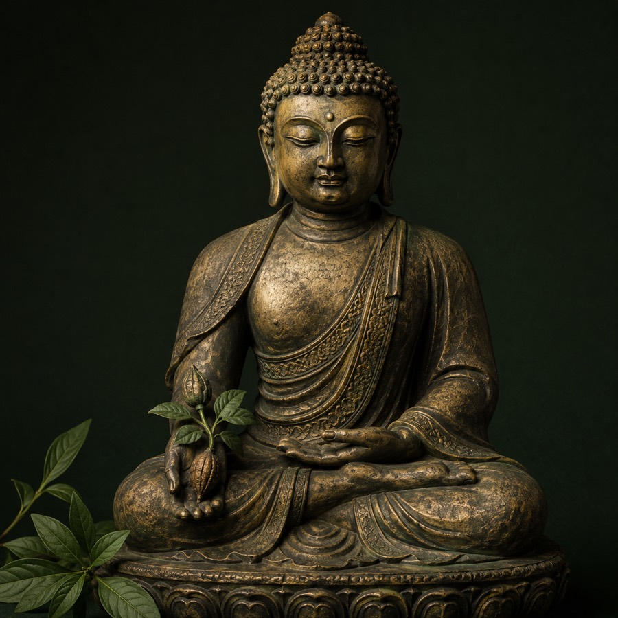 Buda de la Medicina sosteniendo la planta Arura
