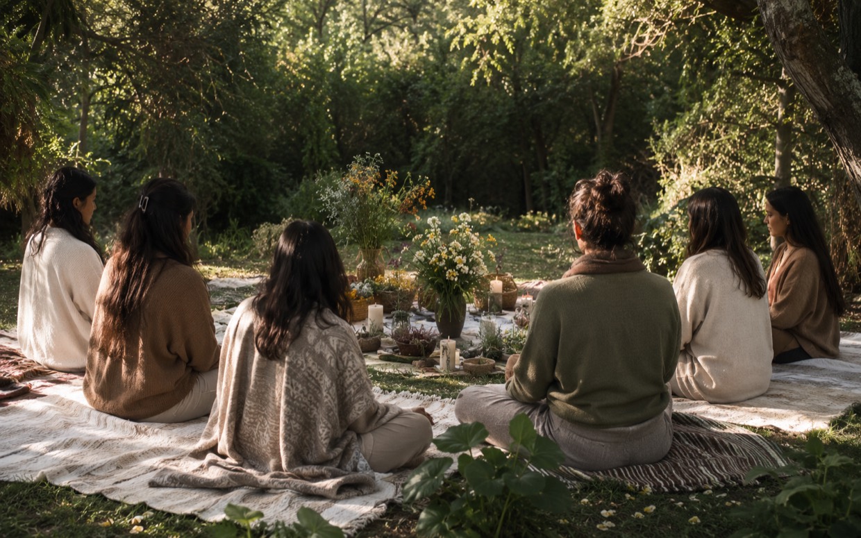 Círculo comunitario al aire libre en torno a la medicina natural