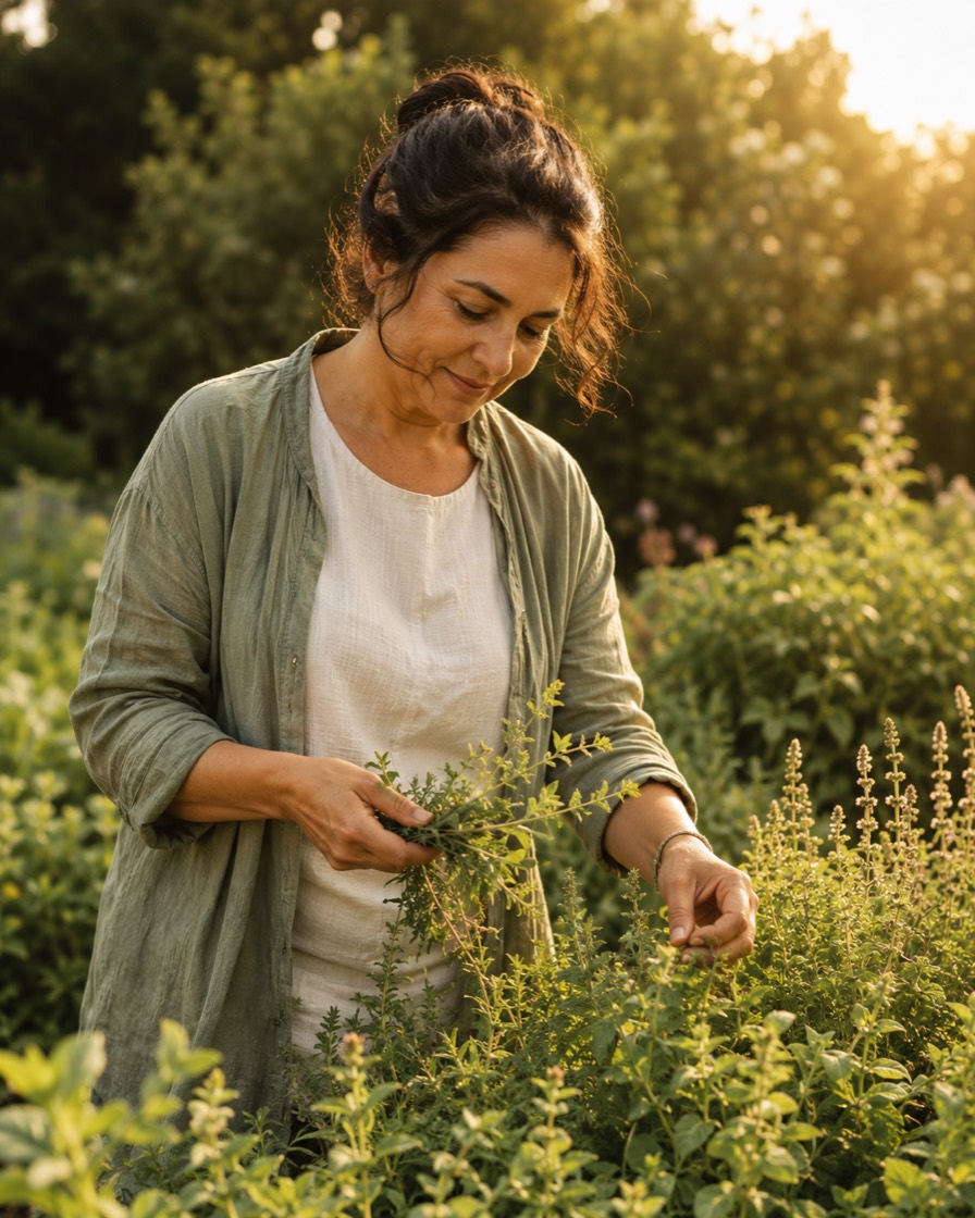 Karina Pino Torres cultivando plantas medicinales en el jardín